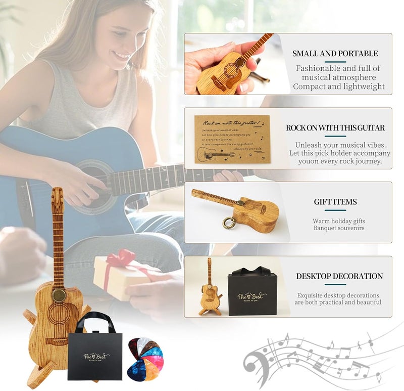 EGOBUY Wooden Guitar Pick Holder, Acoustic Guitar Pick Case, Guitar Pick Box with Stand/Picks, Mini Guitar Shaped Guitar Accessories Keychain Decor, White Elephant Gifts for Men, Music Lovers - Image 4